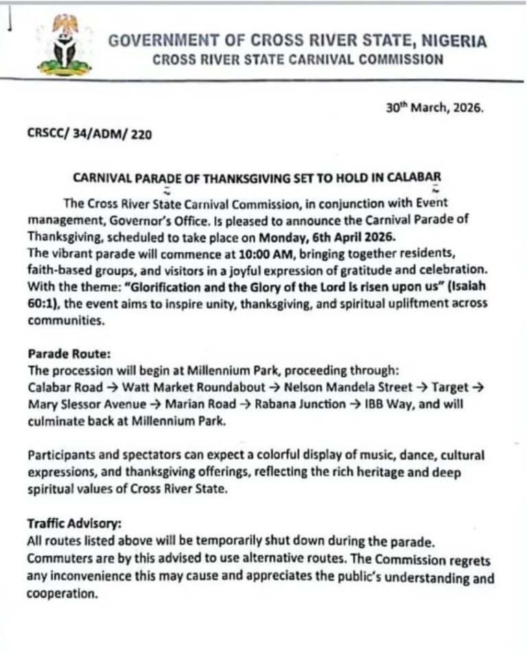 Carnival Parade of Thanksgiving to Hold in Calabar April 6